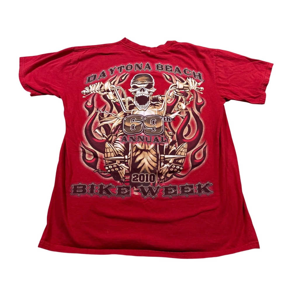 Y2K Daytona Beach Bike Week 2010 Shirt Red Skull Graphic Tee‎ Bikercore Harley L